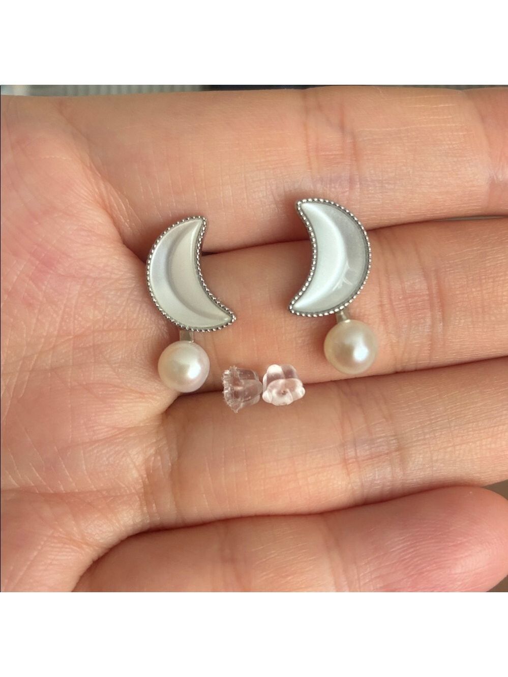 Silver moon Pearl Earrings | Sterling Silver Posts | Holiday Gift for Her - Picture 2 of 7